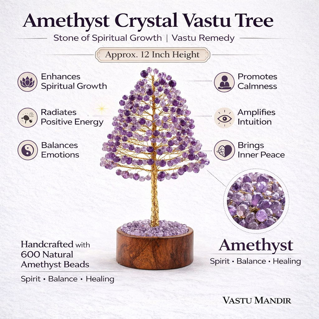 Amethyst crystal vastu tree with benefits and details on a white background