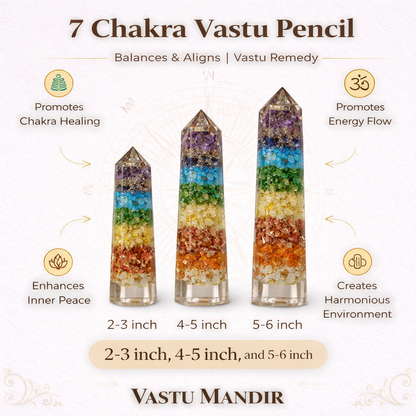 7 chakra pencils with colored stones and their benefits, branded as Vastu Mandir.