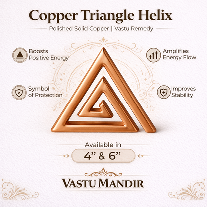 Copper Triangle Helix with benefits and Vastu Mandir branding on a white background