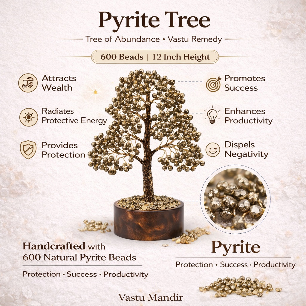 Pyrite tree with bead decorations and text on a light background