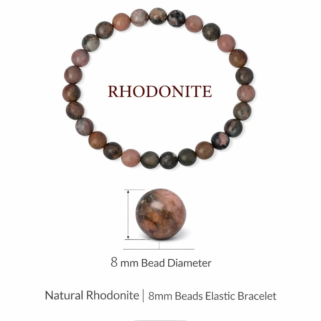 Rhodonite beaded bracelet with measurement details on a white background