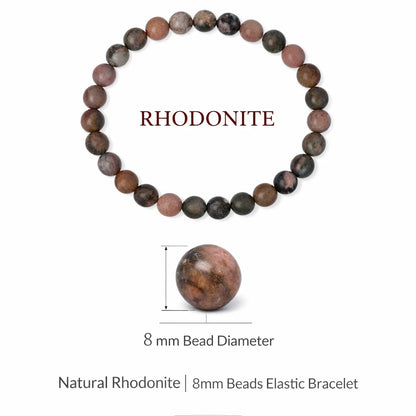 Rhodonite beaded bracelet with measurement details on a white background