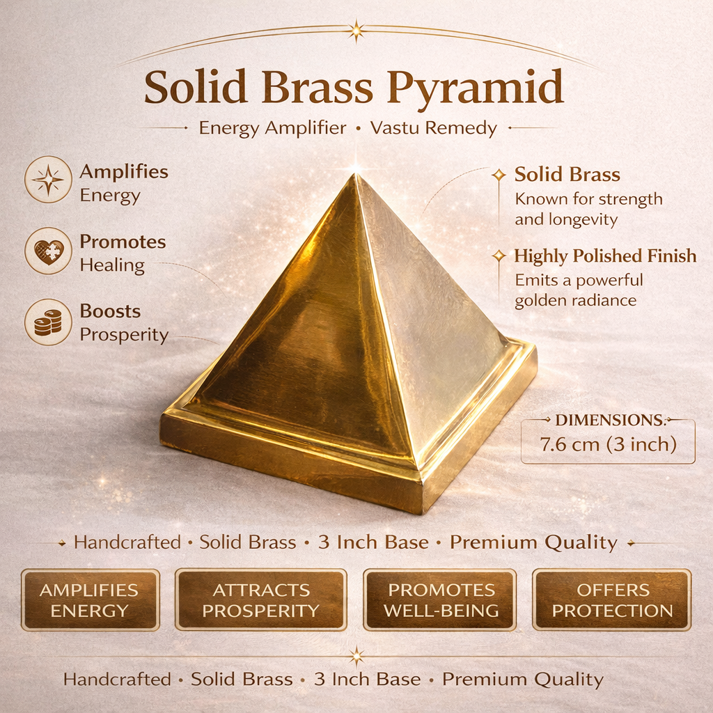 Solid brass pyramid infographic showing 7.6 cm size, polished finish and product features