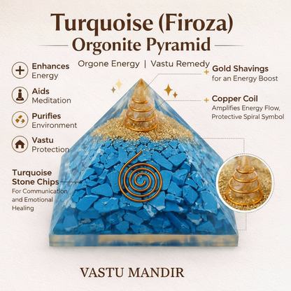 Turquoise orgonite pyramid with gold shavings and copper coil, labeled with benefits on a white background.
