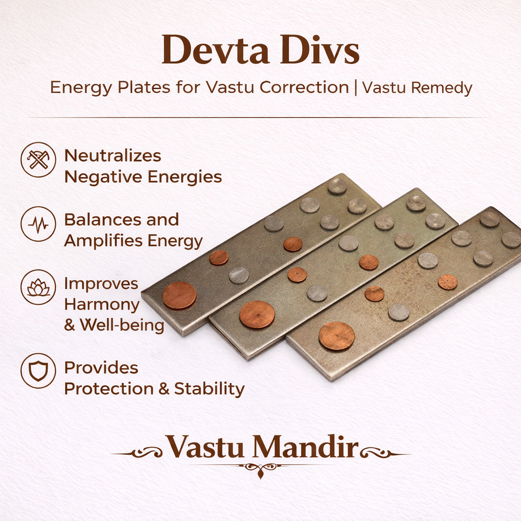 Devta Divs energy plates for Vastu correction with text on a white background