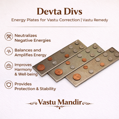 Devta Divs energy plates for Vastu correction with text on a white background