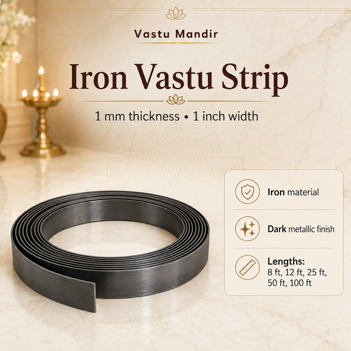 Iron Vastu strip infographic showing a 1 mm thick and 1 inch wide flat coil