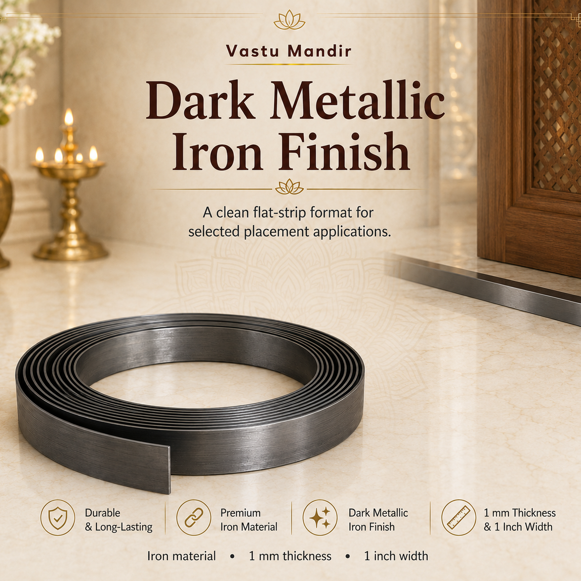 Iron Vastu strip infographic showing a dark metallic coil in a styled interior