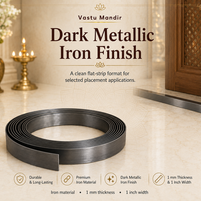 Iron Vastu strip infographic showing a dark metallic coil in a styled interior