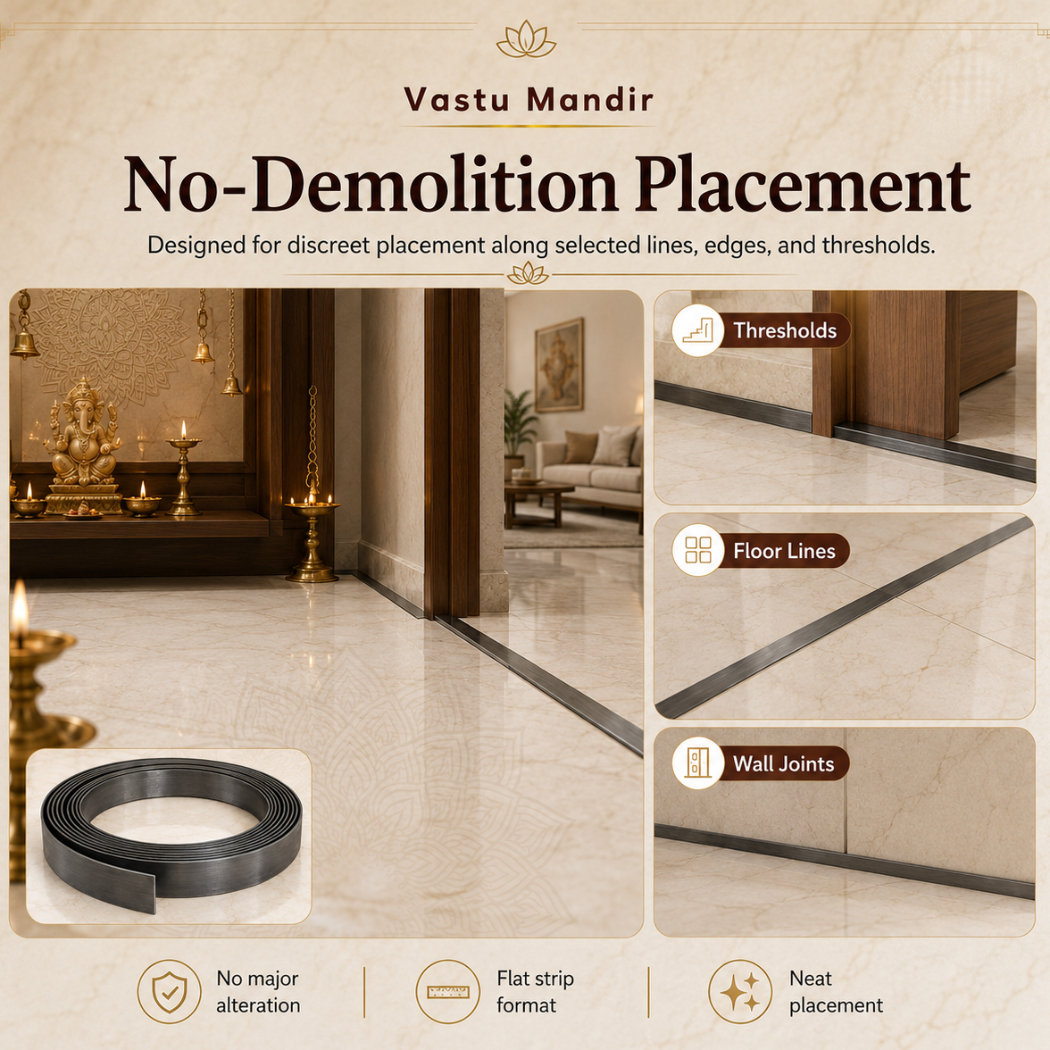 No-demolition iron Vastu strip placement at edges, thresholds and wall joints