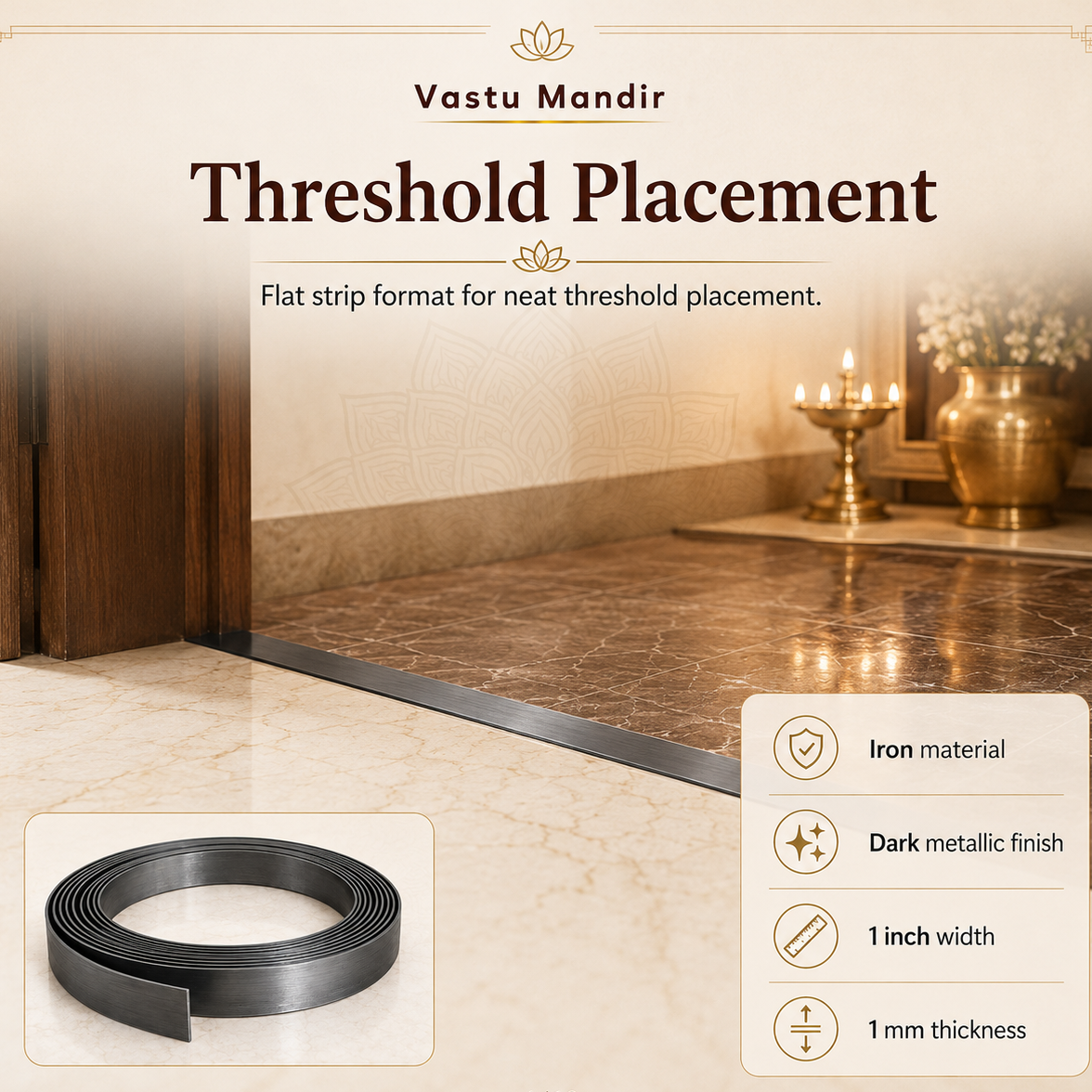 Iron Vastu strip threshold placement shown as a dark line across a doorway