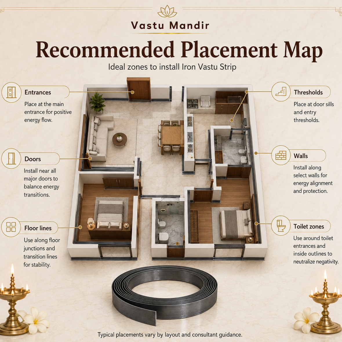Home floor plan showing recommended iron Vastu strip placement zones