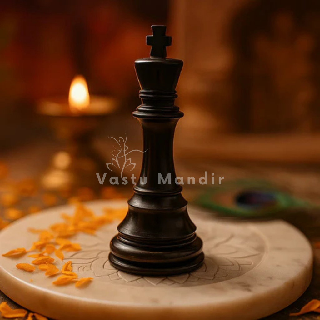 Black and gold king chess piece sculpture isolated on a plain background