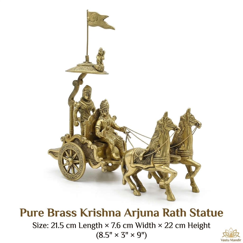 Pure Brass Krishna Arjuna Rath Statue on a white background