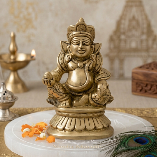 Brass Kuber Ji idol seated on a sacred white platform with diya and marigold petals