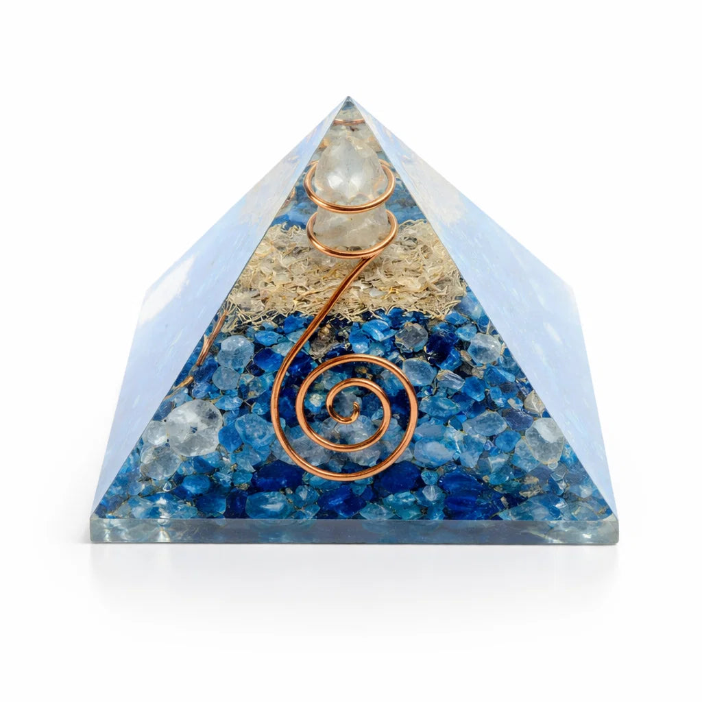 Lapis Lazuli Orgonite Pyramid with a copper coil, and a white base on a white background