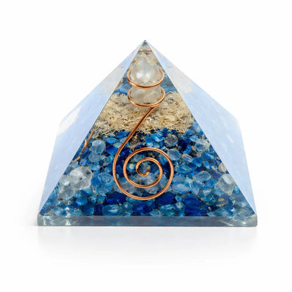 Lapis Lazuli Orgonite Pyramid with a copper coil, and a white base on a white background