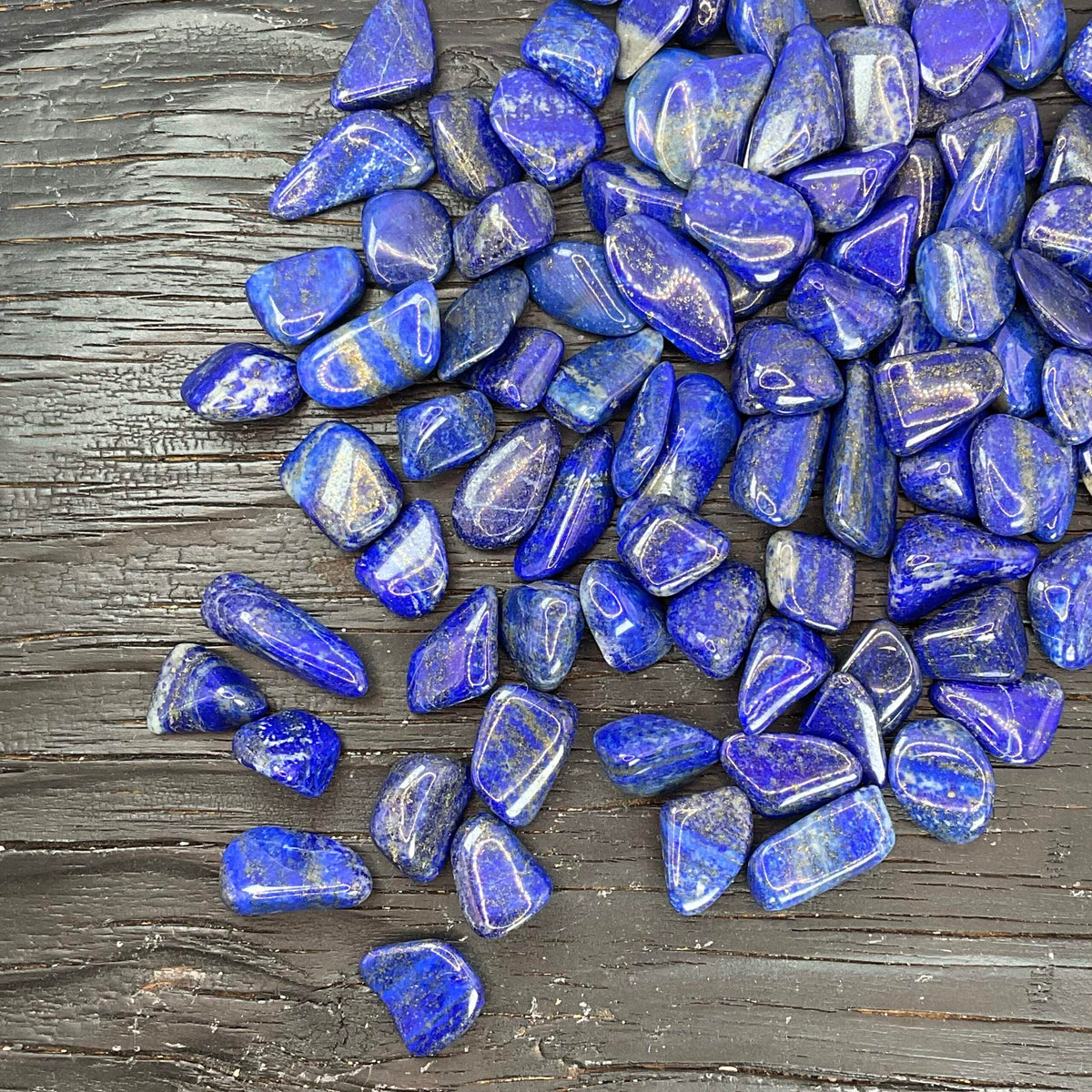 Elongated lapis lazuli chips spread across a grey textured surface