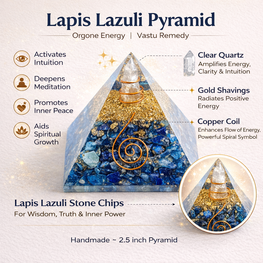 Lapis Lazuli pyramid's infographic with clear quartz, gold shavings, and copper coil on a white background