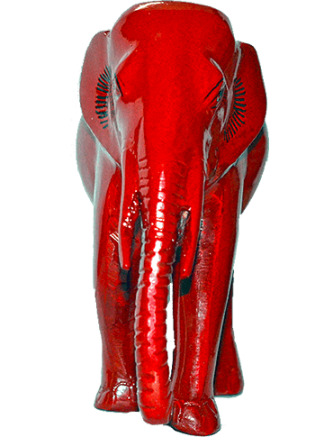 Red-finish elephant idol front view against a dark teal studio backdrop