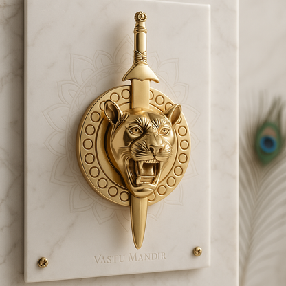 Brass lion face with removable talwar alternate front view mounted on a white marble surface