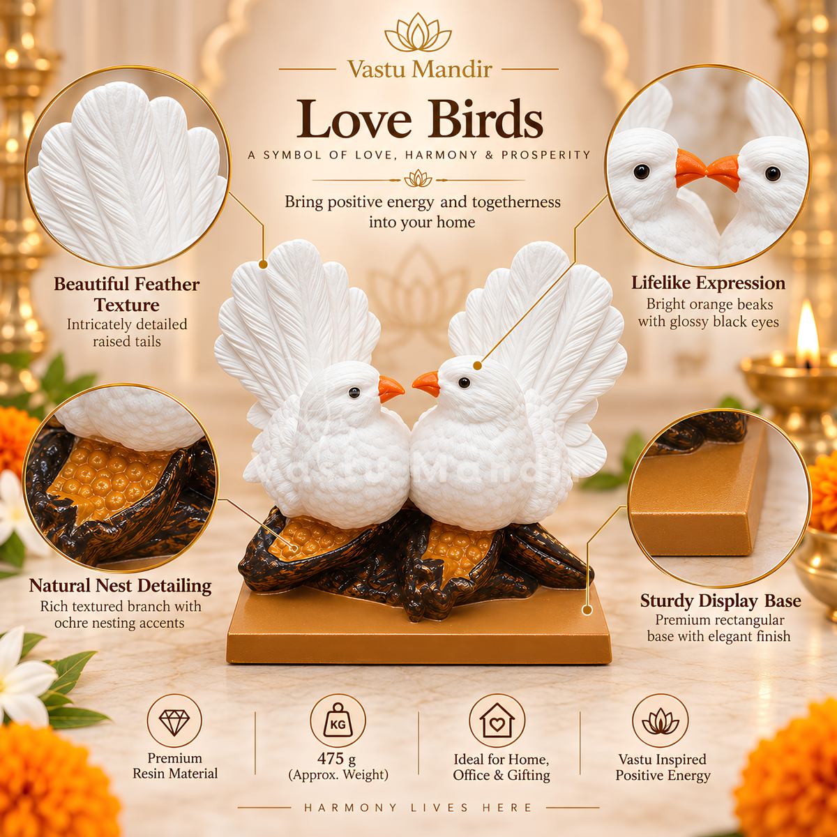 Graceful Love Birds Pair Resin Sculpture Vastu Remedy for Love, Harmony and Relationship Balance for Bedroom, Living Room and Couple Decor | 14.5 x 12.5 x 10 cm | 475 g