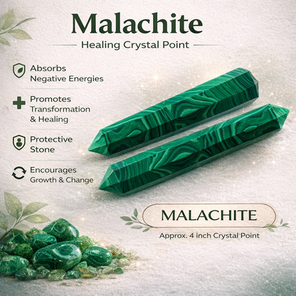 Malachite crystal pencil infographic listing visible product features and suggested uses