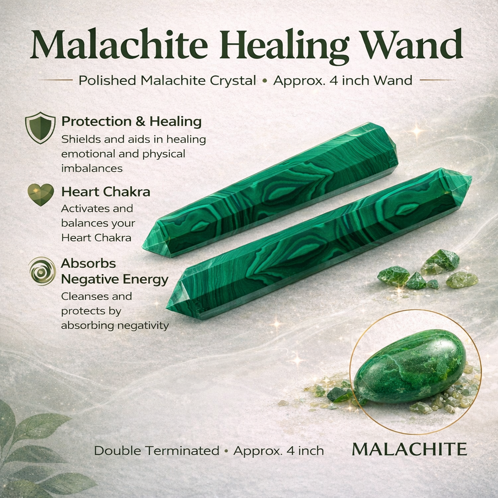 Malachite healing wand infographic with two green pencils and visible feature callouts
