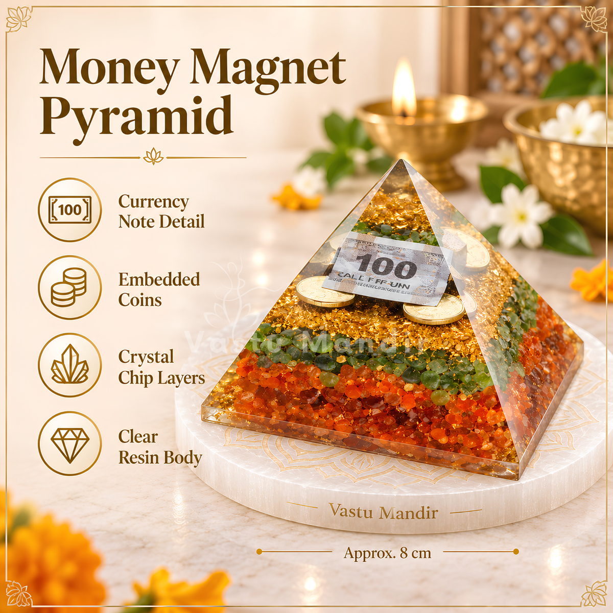Money Magnet Pyramid Vastu Remedy for Opportunity Attraction, Prosperity Flow and Business Success for Office Desk, Shop Counter and Financial Growth Spaces | 8 cm | 130 g