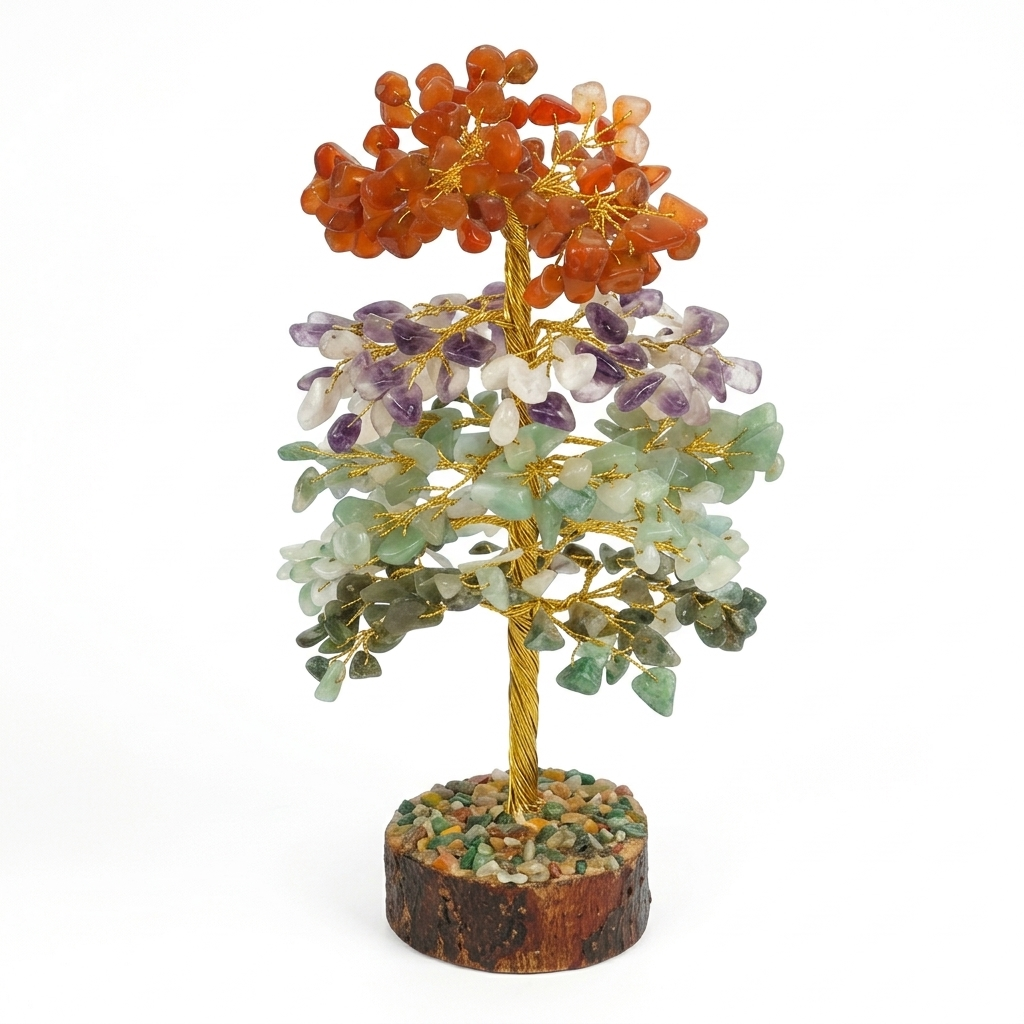 Multi-Crystal Tree with multicolored stones on a white background
