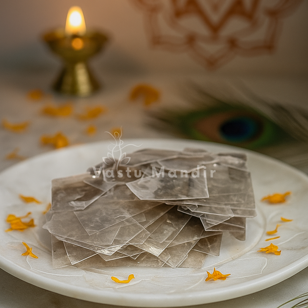 Muscovite Mica Crystal Chips on a white plate with a lit candle in the background