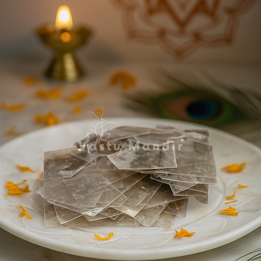Muscovite Mica Crystal Chips on a white plate with a lit candle in the background