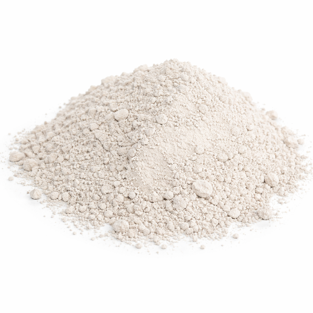 Pile of fine beige muscovite mica crystal powder isolated on a clean white background