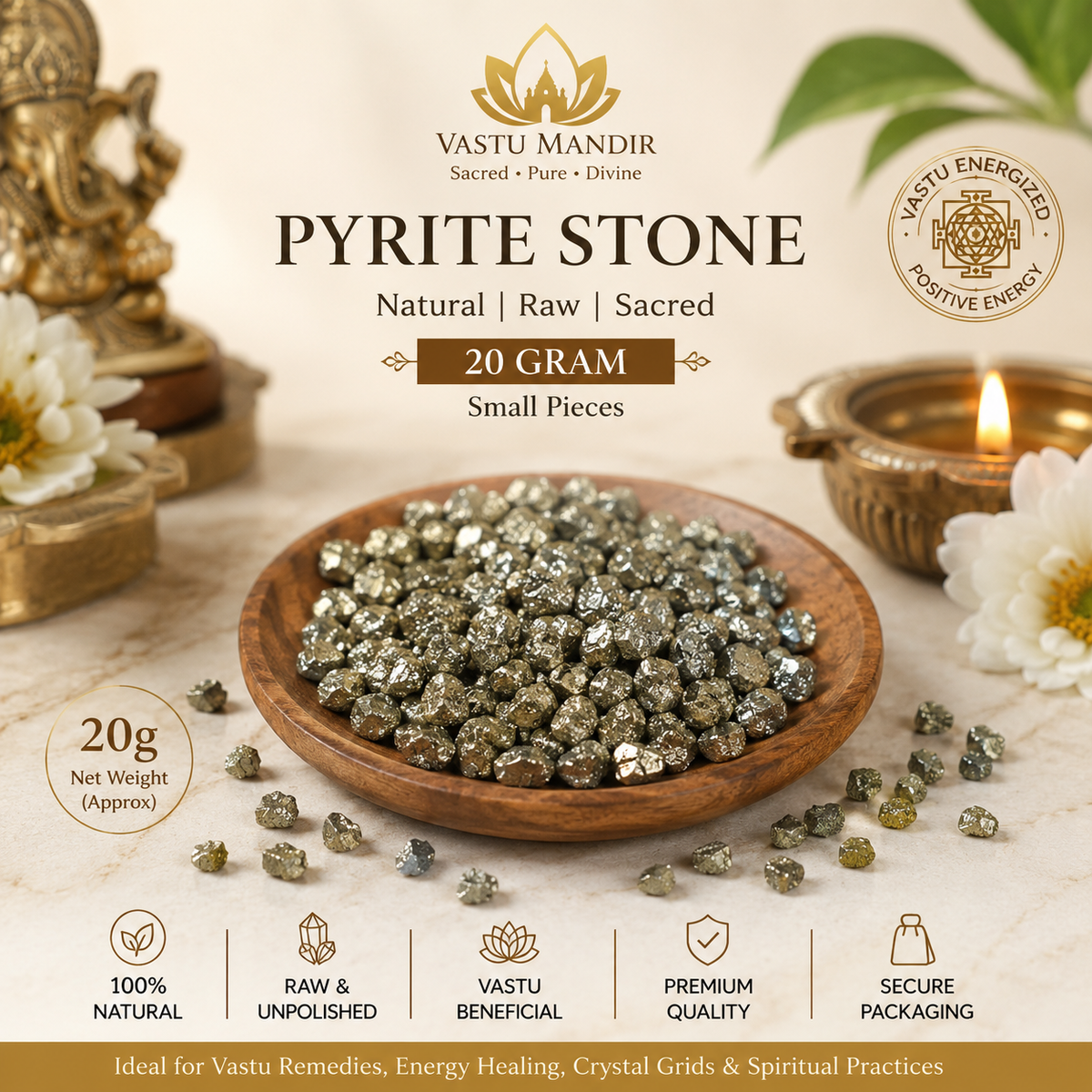 Pyrite stone infographic showing the visible stone form, pack information and suggested uses