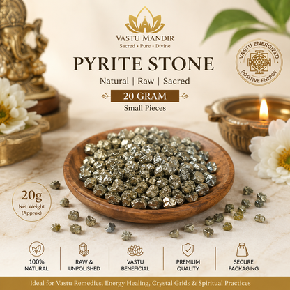 Pyrite stone infographic showing the visible stone form, pack information and suggested uses