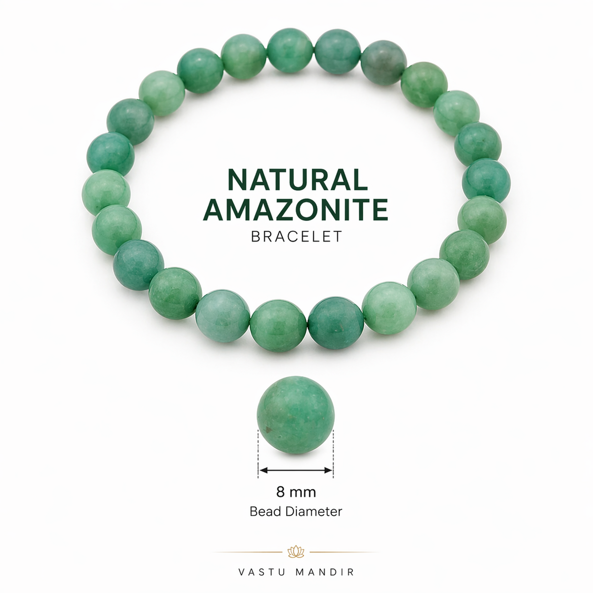 Green beaded bracelet with 'Natural Amazonite' text on a white background