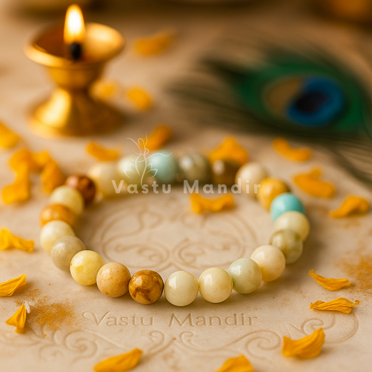 Natural Amazonite Mixed Crystal Bracelet on a decorative surface with a lit candle and peacock feather in the background.