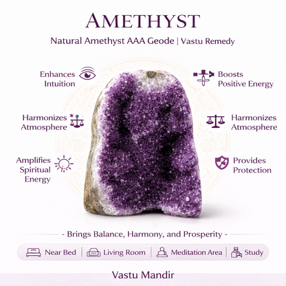 Amethyst geode with properties and uses on a white background