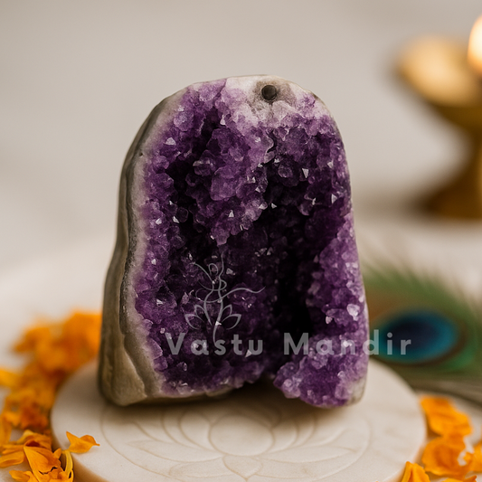 Amethyst crystal on a white plate with orange flowers and a candle in the background, branded 'Vastu Mandir'.