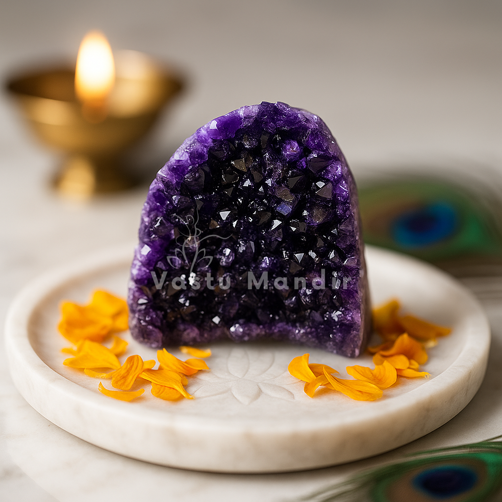 Natural Amethyst AA Geode on a white plate with yellow flowers and a lit candle in the background