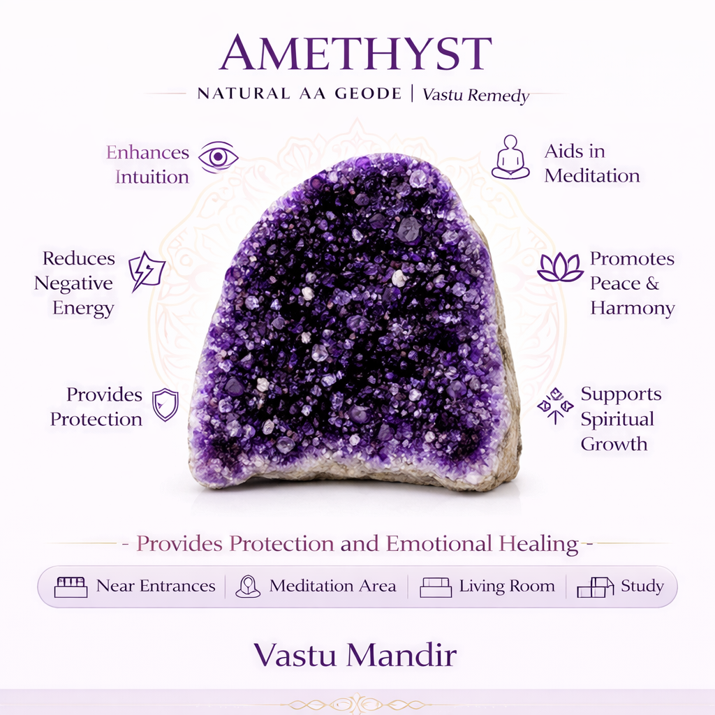 Amethyst geode as a Vastu Remedy with its properties and uses on a white background
