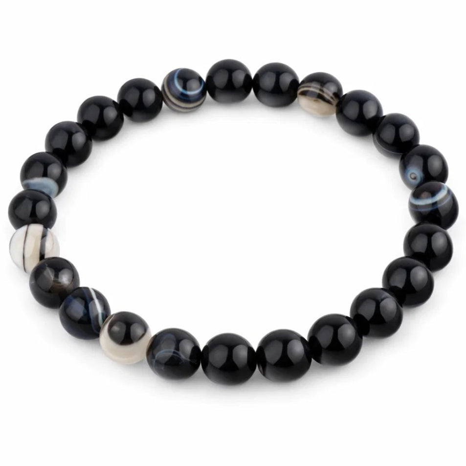 Natural Black Agate Crystal Bracelet with gray accents on a white background