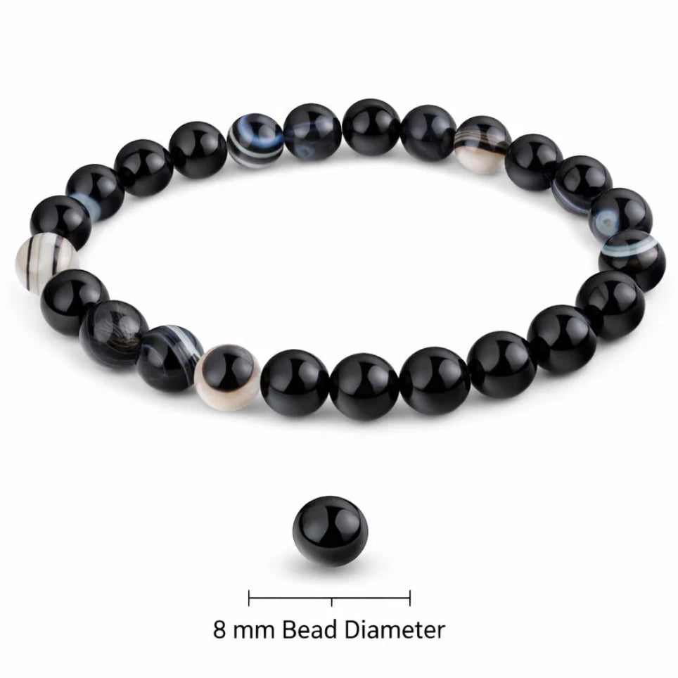Natural Black Agate Crystal Bracelet with an 8 mm bead diameter on a white background