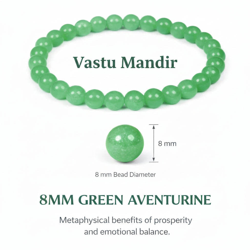 Green aventurine bracelet with 8mm beads and size measurement on a white background