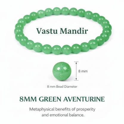 Green aventurine bracelet with 8mm beads and size measurement on a white background