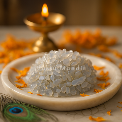 Angled view of opalite crystal chips on a white plate with marigold petals and a peacock feather