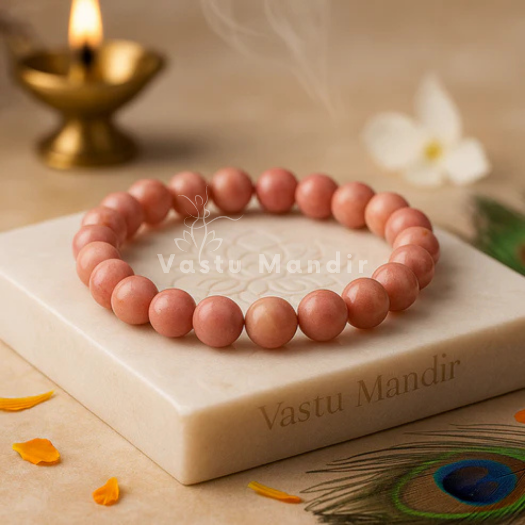 Natural Rhodochrosite Crystal Bracelet arranged on a square marble riser beside a brass diya