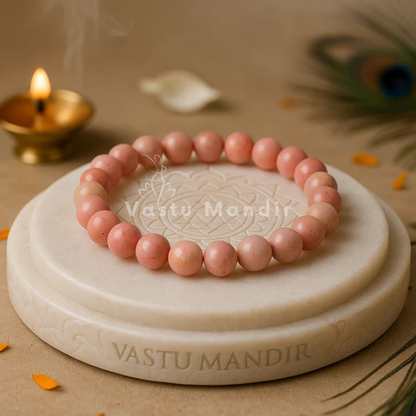 Natural Rhodochrosite Crystal Bracelet displayed on a round stone plate with marigold petals