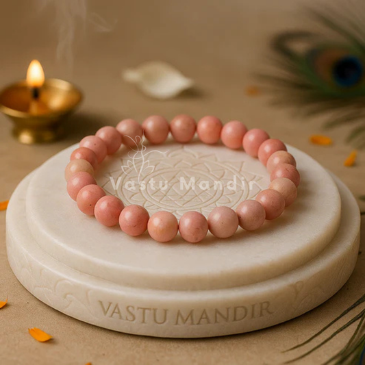 Natural Rhodochrosite Crystal Bracelet displayed on a round stone plate with marigold petals