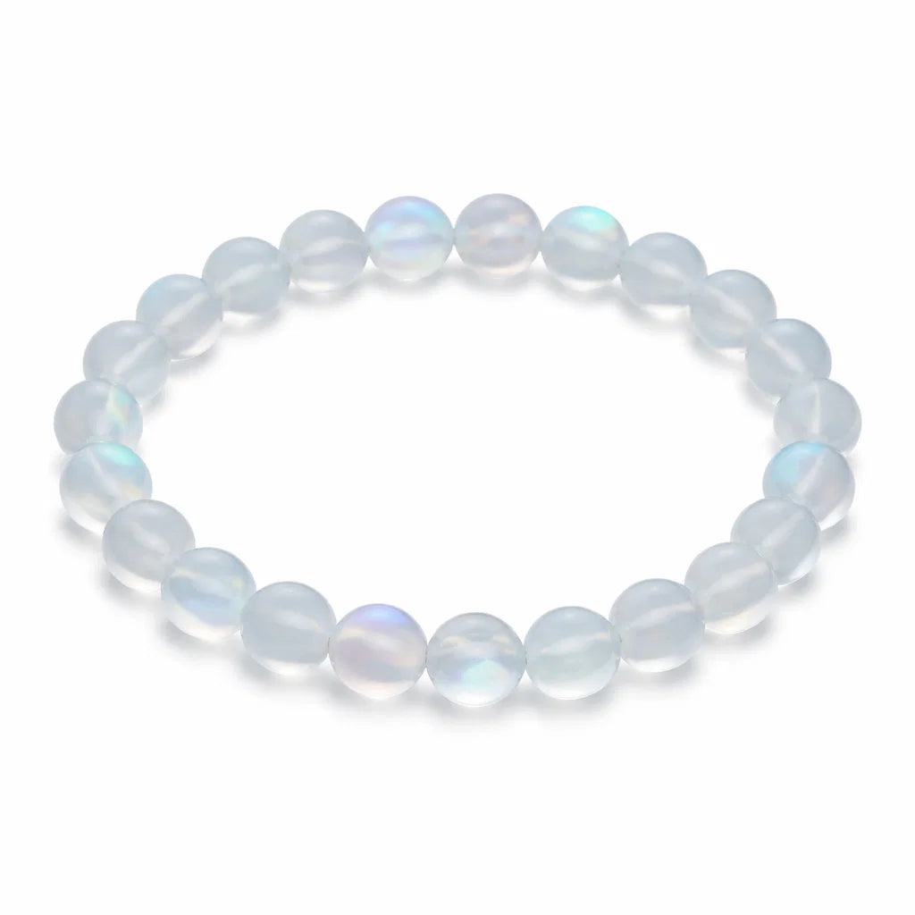 Natural White Aura Quartz Crystal beaded bracelet on a white background